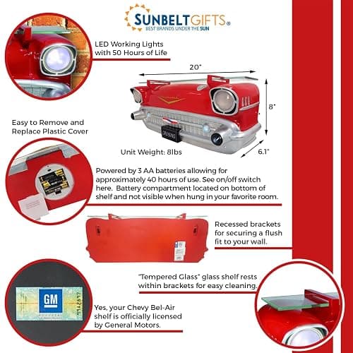 Sunbelt Gifts 1957 Chevy Red Bel Air Floating Wall Shelf - LED Headlights with Tempered Glass for Vintage Car Decor + Man Cave Accessories - Classic Car Gift (20 x 6.1 x 8 in) thumbnail 3