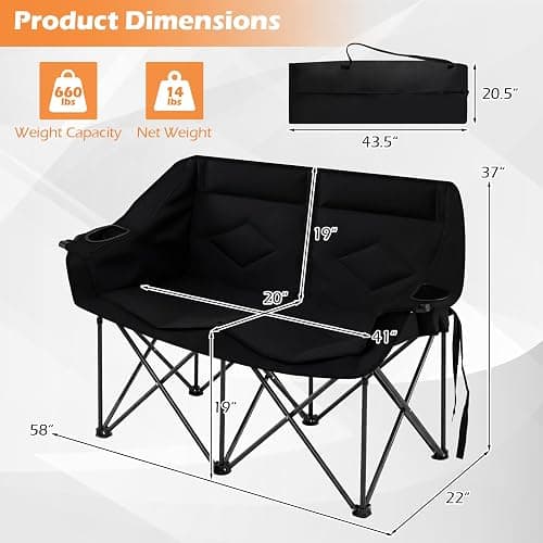 Goplus Double Camping Chair, Oversized Padded Loveseat w/Cup Holders, Glass Racks and Mesh Pockets, 660 LBS Heavy Duty Folding 2 Person Camp Couch w/Carry Bag for Lawn, Beach and Picnic (Black) thumbnail 3