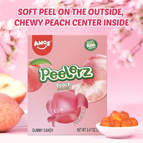 AMOS Peelerz Gummy Peach Candy, Peelable Fruit-Shaped Candy, 8.47oz Box with 10 Individual Packs – Fun Peeling Gummy Snack Made with Real Juice thumbnail 6