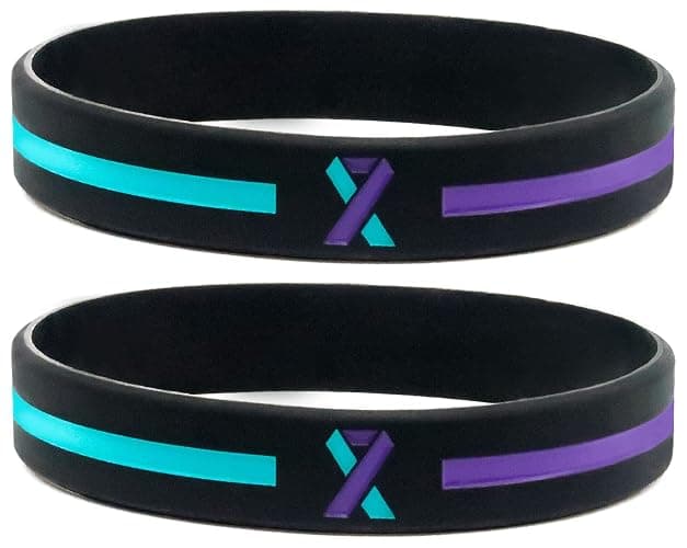 Giftphoria Teal and Purple Awareness Ribbon Wristbands (6-pack) - Silicone Rubber Support Bracelets for Suicide Prevention and Sexual Assault Awareness - Unisex Size for Men and Women - Image 1