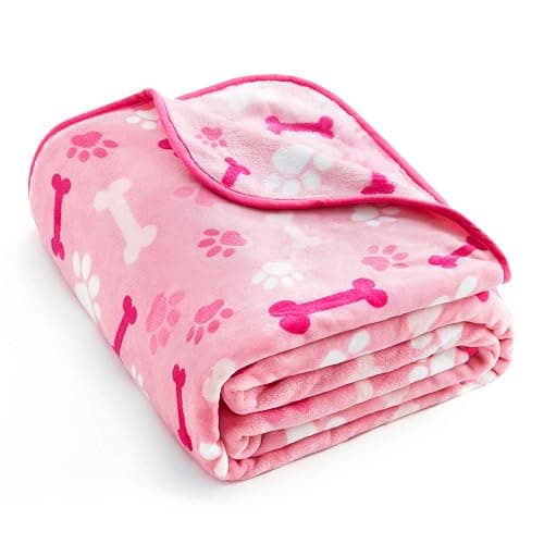 Allisandro Luxurious Dog Blanket, 350 GSM Super Fuzzy Microplush Fleece Pet Blankets for Small Medium Large Dogs and Cats, Pink Paw and Bone, 80" x 64” - Image 1