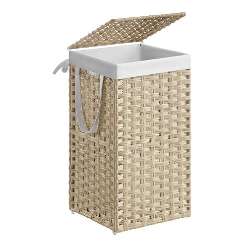 SONGMICS Laundry Hamper with Lid, 17.2 Gallon (65L) Synthetic Rattan Clothes Laundry Basket with Lid and Handles, Foldable, Removable Liner, Summer Sand ULCB165LZ01 - Image 1