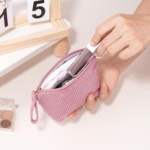 MAGEFY Mini Makeup Bag, Cute Small Makeup Bag for Purse Corduroy Cosmetic Bag for Women with Slip-in Pockets Travel Purse Essentials Lipstick Bag(Pink,Mini) thumbnail 6