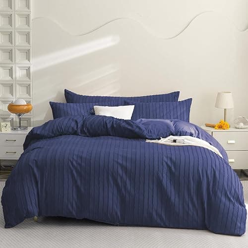 **JELLYMONI Duvet Cover Full Size Navy Blue - 3PCS Boho Striped Duvet Cover Set Polyester Tufted Bohemian Textured Comforter Cover with Corner Ties & Zipper Closure thumbnail 3