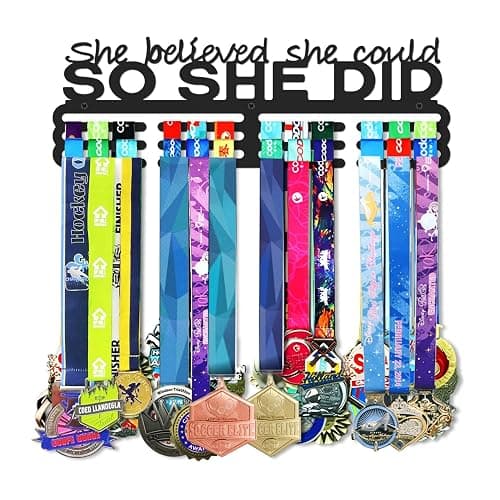 Medals Hanger Display Holder Rack 13.8 inches She Believed She Could Wall Mount Steel Frame Over 60 Medals-Sports Medal Hangers Racks Bib Ribbon with Easy Hanging Bars Black 3 Lines - Image 1