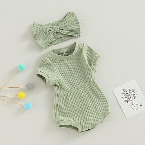 FOCUSNORM Baby Girl Summer Clothes Ribbed Short Sleeve Romper Solid Color Bodysuits Bow Headband Outfit Newborn Girl Jumpsuit thumbnail 6