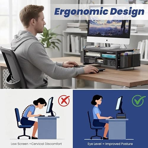 2 Tier Monitor Stand Riser with Drawer & 2 Pen Holders Storage for Desktop, Metal Computer Desk Organizer Stand for Laptop, Computer, iMac(Black) thumbnail 4