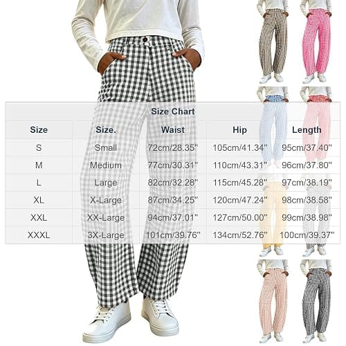 Women Barrel Checkered Pants High Waistband Baggy Lounge Trousers Fashion Plaid Wide Leg Pant with Pockets thumbnail 4