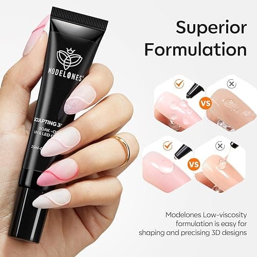 Modelones 3D Nail Gel Art, Sculpting Gel Glue for Molding, Drawing, Nail Charms & Gems, Chrome Powder and Rhinestone Design No Wipe, U V Light Cured Salon & DIY Use thumbnail 3