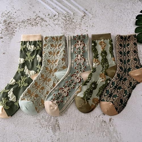 BOFAYS 5 Pairs Womens Floral Cute Socks Vintage Embroidered Plant Socks for Women Teens Cotton Cozy Ankle Sock thumbnail 4