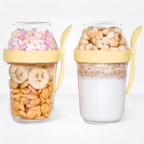 Felli On The Go Yogurt Parfait Snack Cup with Lid, Reusable Leak Proof Acrylic Travel Container for To Go Cereal Granola Milk, 12 oz Clear Mason Jar with Spoon & Crunch Fruit Holder (2, Yellow) - Image 1