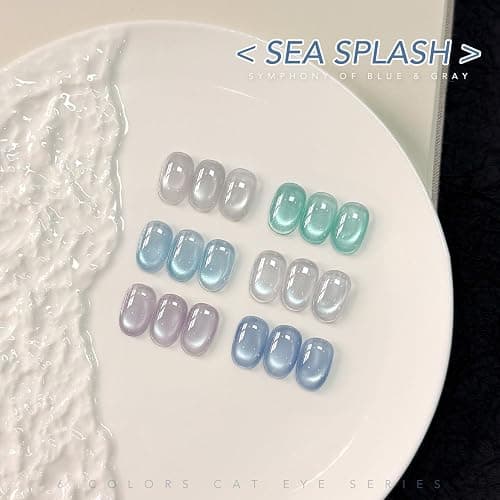 GAOY Icy Glassy Cat Eye Gel Nail Polish Set, 6 Jelly Colors, Sea Splash | Silver Blue Green for Icy Summer Beach, Translucent Holography with Sheer Shades, Nail Art Designs, UV Lamp Required thumbnail 2