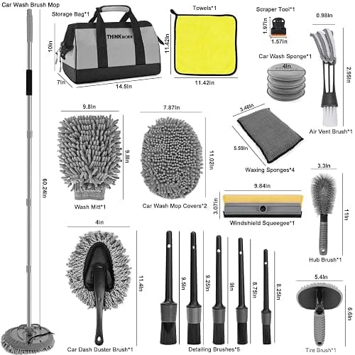 THINKWORK Car Wash Kit, Car Washing Brush with Long Handle, Extendable Car Wash Brush Mop with 2-in-1 Windshield Squeegee and 9Pcs Detailing Brush, Gray Car Detailing Kit Gift for Men thumbnail 8