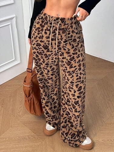 ZAFUL Women's Fuzzy Plush Pajama Pants Drawstring Elastic Waist Wide Leg Teddy Pj Bottoms Lounge Pants thumbnail 5