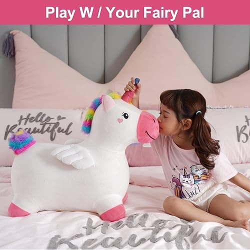 iPlay, iLearn Bouncy Pals Hopping Unicorn Horse, Toddler Girl Inflatable Bouncing Animal Hopper Toy, Outdoor Indoor Plush Ride on Bouncer, Baby Birthday Gift 18 Month 2 3 4 Year Old Kid - Unicorn thumbnail 7
