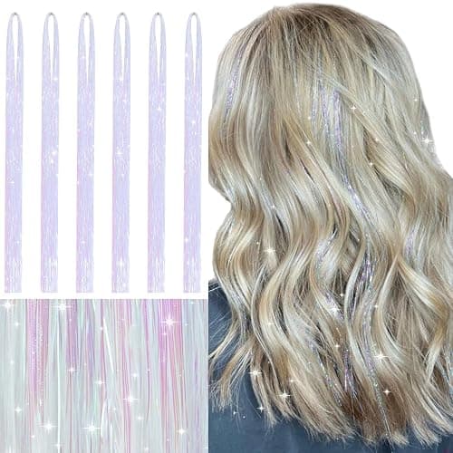 WENNALIFE Hair Tinsel for Girls, Bright White Fairy Kit 1200 Strands 6PCS 48 Inch Heat Resistant Glitter Tinsel Hair Extensions Kit Christmas Feathers Sparkle Strands - Image 1