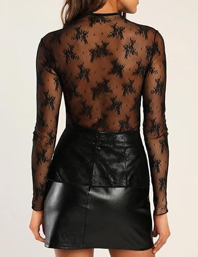 AKEWEI Womens Mesh Long Sleeve Tops Crew Neck Sexy See Through Tee Shirts Party Club Night Lace Blouse thumbnail 2