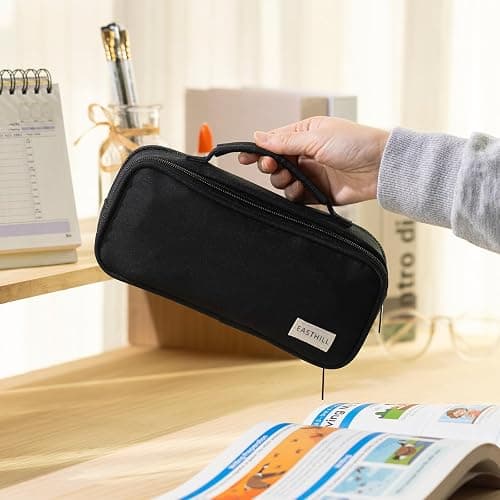 EASTHILL Large Capacity Pencil Case Pen Pouch Organizer Canvas Pencil Bag with Handle School Supplies for Teen Girls-Black thumbnail 6