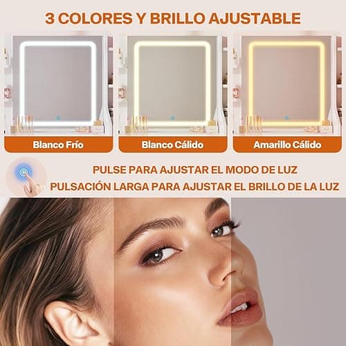 Airfish Tocador Grande, Tocador de Maquillaje Moderno con Espejo LED y 3 Tonos, Brillo Ajustable, Mesa de Maquillaje con 4 Estantes y 7 Cajones, 3 Compartimentos Abiertos (Blanco) thumbnail 5