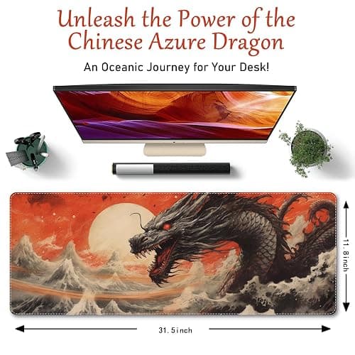 ProbTis Chinese Dragon and Great Wave XL Anime Gaming Keyboard Desk Mat, Non-Slip Rubber Base Mouse Pad for Home Office, 31.5"x11.8" (Dragon) thumbnail 2