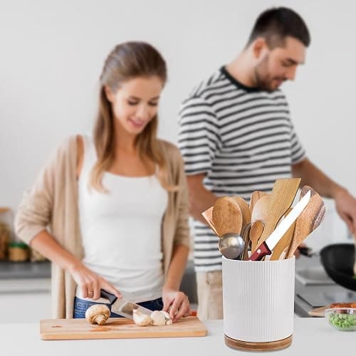 QUELIEN 360° Rotating Kitchen Utensil Holder for Countertop, Large Ceramic Utensil Crock Organizer with Non-Scratch Cork Base, Farmhouse White Cookware Storage Jar, Ideal Housewarming Gift thumbnail 4
