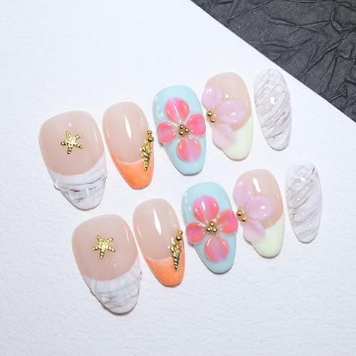 EasierGlow 10Pcs Handmade Short Almond Press On Nails | Easy Apply & Remove, Reusable & Salon Quality | Tropical Ocean Style with 3D Plumeria Flower, Starfish & Shell Accents(1TA15, S) thumbnail 3