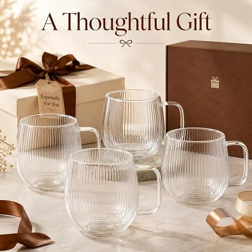 Set of 4 Double Walled Glass Mug Set, 350ml Double Walled Insulated Drinking Glass Coffee Mugs with Handle, Insulated Layer Coffee Cups, Clear Glass Mugs for Latte, Cappuccinos, Tea Bag, Juice thumbnail 7