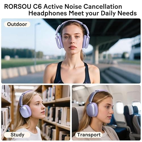 RORSOU C6 Active Noise Cancelling Headphones, Wireless Over Ear Bluetooth Headphones, 60H Playtime, Lightweight Folding Deep Bass Comfort Fit Ear Cups Headset with Mic for iPad/Travel/PC/Home Purple thumbnail 7