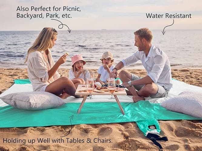 WEKAPO Beach Blanket Sandproof Waterproof, Extra Large Beach Mat, Oversized & Compact Sand Free Mat Quick Drying, Lightweight & Durable with Stakes & Corner Pockets thumbnail 4
