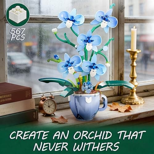 Blue Orchid Flower Building Set with Vase for Adults, Compatible with Lego Botanical Flowers, 567pcs Ideas Plant Collection Toys for Home and Office Decor, Gifts for Christmas Mother's Day thumbnail 4