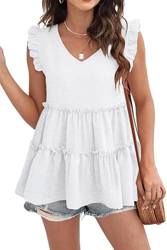 AGSEEM Babydoll Tops for Women Summer Casual Loose Fit Cute Peplum Tank Top | V Neck Ruffle Sleeve Shirts, Lightweight Flowy Pleated Blouse for Daily Life, Beach, Vacation, Going Out, 2026 Trendy Outfits - Image 1