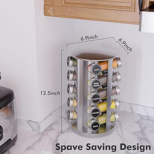 New England Stories Revolving Spice Rack Set with 20 Spice Jars, Kitchen Spice Tower Organizer for Countertop or Cabinet - Carousel Storage Includes 386 Spice Labels (Silver) thumbnail 3