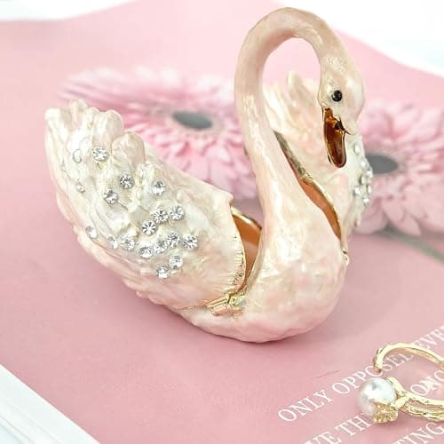 Qsabv Enameled Pink Swan Trinket Box, Mini Hand-Painted Swan Figurine Decor | Metal Small Decorative Jewelry Organizer, Ring Earrings Holder Keepsake Box Wedding Gift for Women Girls thumbnail 2