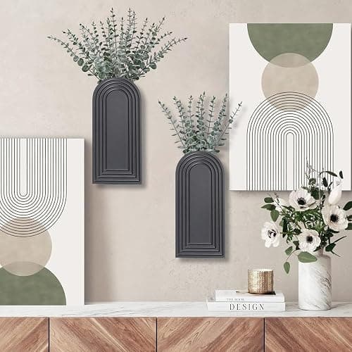 Dnnnii 2 Pack Wooden Wall Vase Set - Black Finish Modern Farmhouse & Boho Wall Decor for Entryway, Hallway, Bathroom, Living Room, Dining Room, Narrow Spaces thumbnail 3