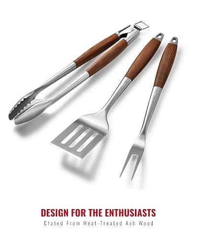 Heavy-Duty Heat-Treated Ash Wood BBQ Grilling Tools Set | Extra-Thick Stainless Steel Spatula, Fork & Tongs | Essential Barbecue Accessories, for Grill Enthusiasts thumbnail 3
