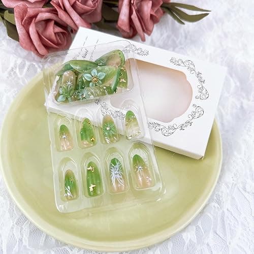 30pcs Green Press on Nails Medium Almond Fake Nails With 3D Flower Pearl Rhinestone Design Gold Beads Butterfly False Nails Star Glue on Nails 3D Summer Floral Full Cover Stick on Nails for Women thumbnail 9