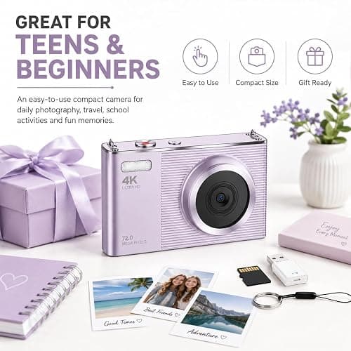 Fwmntu 4K Digital Camera for Teens and Beginners, 72MP Point and Shoot Camera with Autofocus, 16X Digital Zoom, 2.8 Inch IPS Screen, Type-C Rechargeable Compact Camera with 32GB Card, Purple thumbnail 5