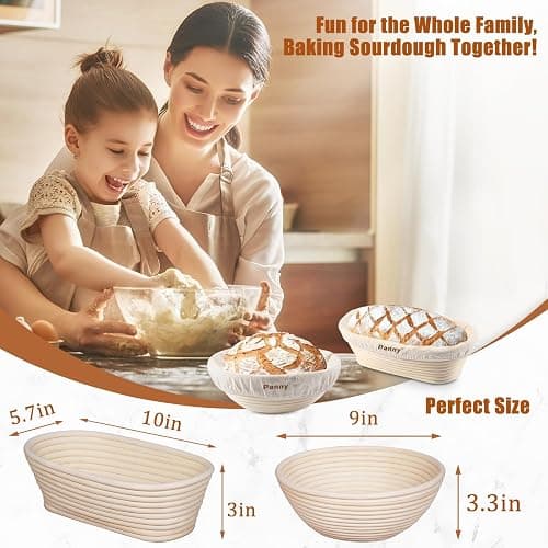 Panny Sourdough Starter Kit, Banneton Bread Proofing Basket with Glass Sour Dough Starter Jar, Sourdough Bread Baking Supplies, Making Tools, 9" Round & 10" Oval Baskets, Christmas Gift for Men Women thumbnail 2