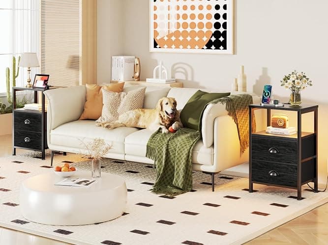 Furologee Nightstands Set of 2, End Tables with Charging Station and LED Lights, Black Night Stands with 2 Fabric Drawers, Bedside Tables Set of 2 for Living Room/Bedroom,Black Oak - 2 PC - drawer on bottom - Black Oak thumbnail 2