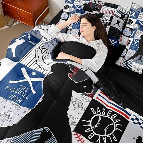 Sports Comforter Set 7-Piece Bed in a Bag Twin Bedding Sets for Boys,Geometric Grid Black Patchwork Baseball Bedding Sets Ball Player Games Comforter and Sheet Set,European Sport Softball Bed Set,Blue thumbnail 6