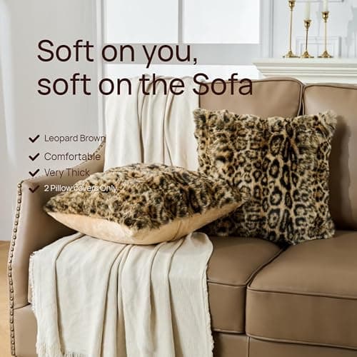 Animebody Cheetah Print Faux Fur Fluffy Pillowcases,Plush Soft Throw Pillow Covers, Fuzzy Decorative Leopard Print Pillow Cases, Furry Brown Leopard Cushion Covers for Couch Sofa-12x20 inch Set of 2 thumbnail 4