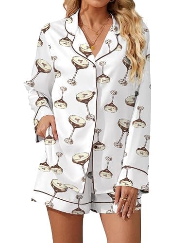 SHESHOW Satin Pajama Set for Women Button Down Long Sleeve Top and Shorts Loungewear Set Funny Print Sleepwear XS-XXL - Image 1