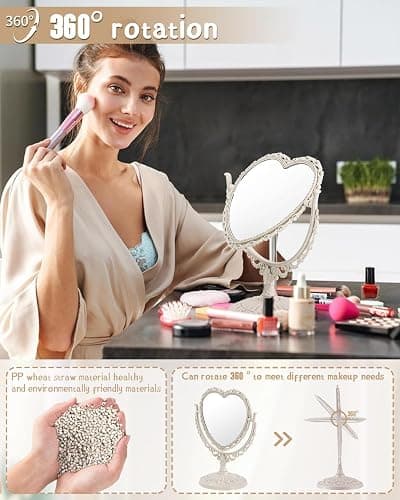 D&XQAUO Vintage Heart Mirror for Desk Cute Coquette Room Decor,Vanity & Bathroom Double-Sided Rotating Makeup Table Mirror with Stand thumbnail 4