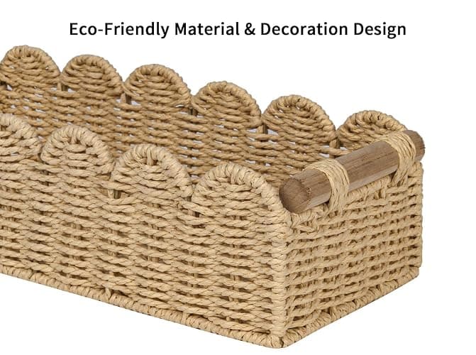 CubesLand Scalloped Edge Toilet Paper Storage Basket, Living Room Home Cozy Decor Basket, Paper Rope Small Baskets for Over Toilet Storage Shelf, End Table, Shelves, with 2 Wooden Handles, Beige thumbnail 8