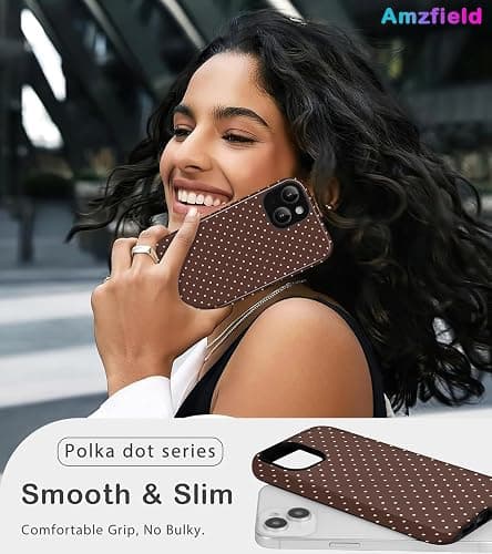 Amzfield for iPhone 13/14 Case Cute Small Polka Dot Aesthetic Retro Design for Women Girls Fall Simple Chic Girly Pretty Dual Layer Hybrid Protection Elegant Phone Case, Brown thumbnail 6