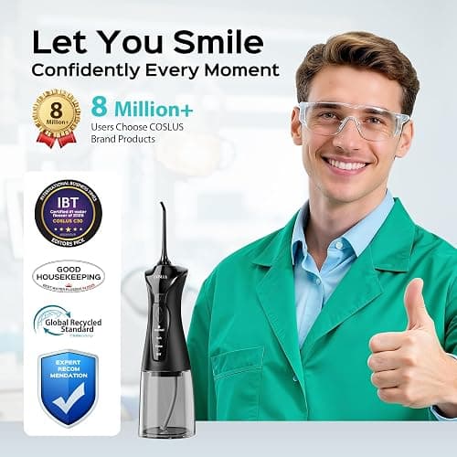 COSLUS Water Dental Flosser Pick for Teeth: 4 Modes Cordless Portable 300ML Larger Tank Water Teeth Cleaner IPX7 Waterproof Flossing Cleaning Picks for Home Travel Black C30(FC5360) thumbnail 2