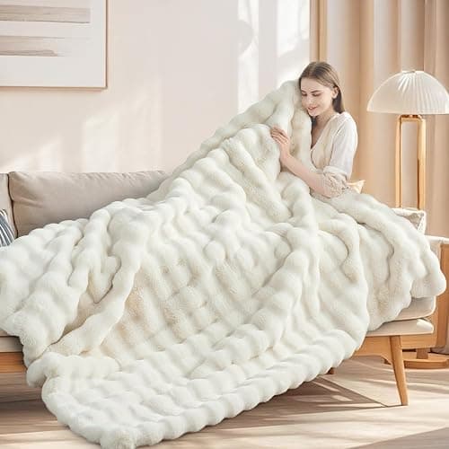 Touchat Luxury 1000GSM Faux Rabbit Fur Throw Blanket, Super Heavy Warm Cozy Blankets for Couch Bed Sofa, Bubble Plush Fuzzy Elegant Soft Reversible Mink Blanket for Living Room Bedroom, Cream White thumbnail 8