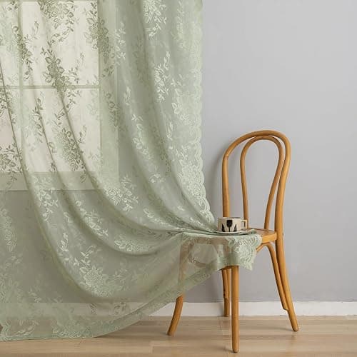 Light Sage Lace Green Curtains 63 Inch Length for Bedroom 2 Panels Country Peony Flower Sheer Farmhouse Window Panels for Living Room Dining Room Easter Decor 1 Pair Set W52 X L63 Light Green thumbnail 3