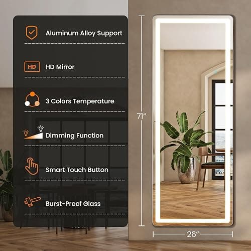 Elevon Full Length Mirror with LED Lights, 71"x26" Floor Mirror with Dimming & 3 Color Lighting, Led Mirrors Full Length with Stand for Bedroom, Dressing Room, Rectangle thumbnail 2