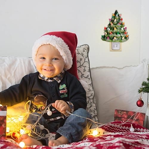 Hausse Christmas Ceramic Tree Night Light, Decorative Snow Covered Xmas Tree Nightlight with Lamp, Multicolor Bulbs & 360 Degree Swivel Plug with ON/Off Switch for Home Bathroom Bedroom Decor thumbnail 6